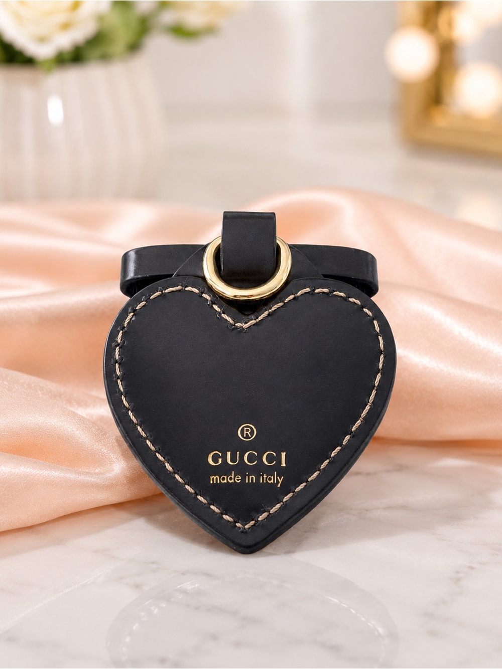 Gucci Brown Leather Heart Keychain Authentic